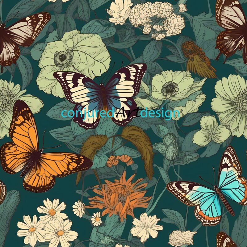 Seamless image of a butterfly on flowers pattern