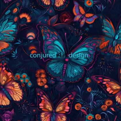 Seamless image of a neon butterfly and flowers pattern