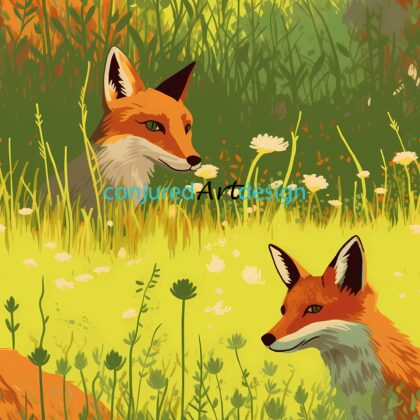 Seamless image of a fox in a meadow pattern