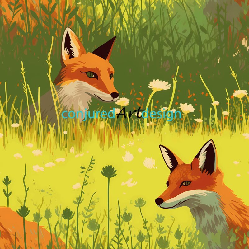 Seamless image of a fox in a meadow pattern