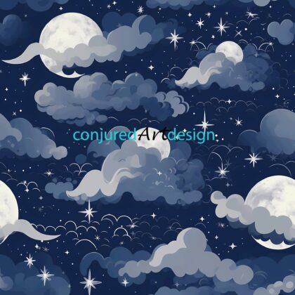 Seamless image of a clouds and stars pattern